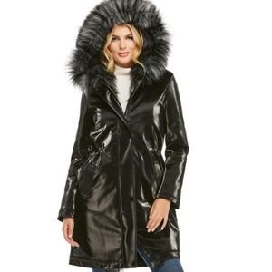 NEW w/ TAGS. FABULOUS FURS Black Glam Squad Faux Fur-Trimmed Storm Coat- SIZE SM